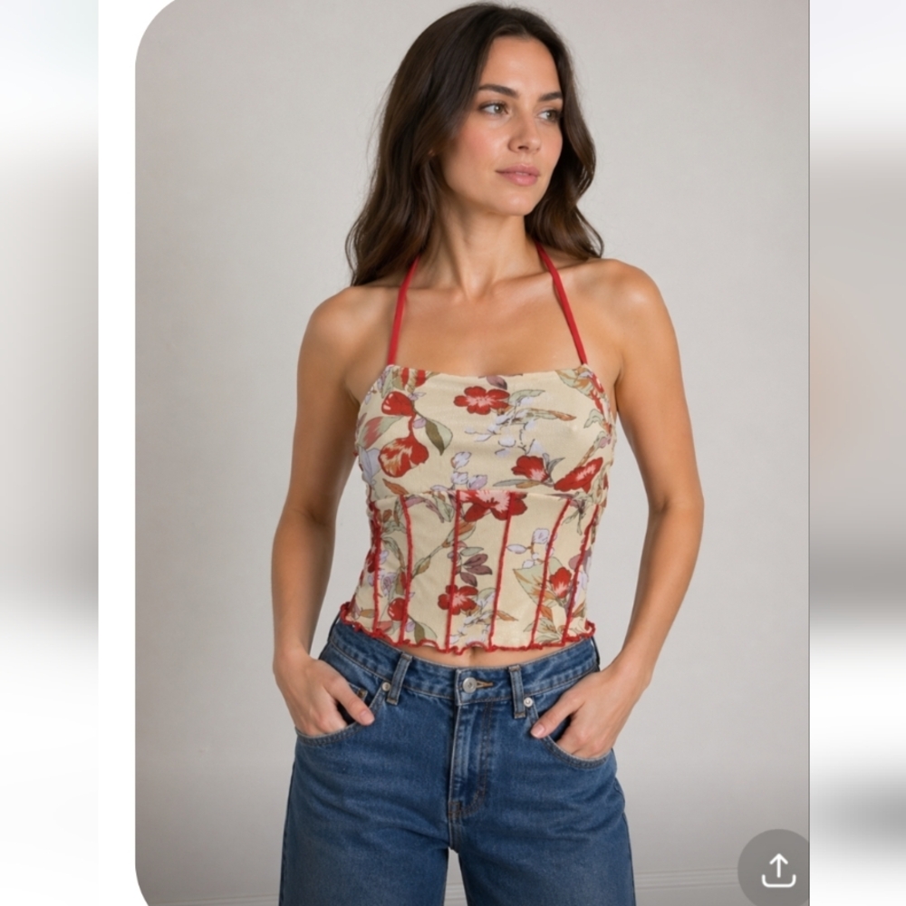 CIDER Mesh Sheer Floral Halter Top with Red Accents 90s Small